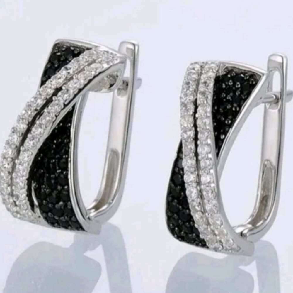 Lab Created Black Diamond Cluster Crossover Hoop Earrings 14k White Gold Plated - Picture 9 of 16